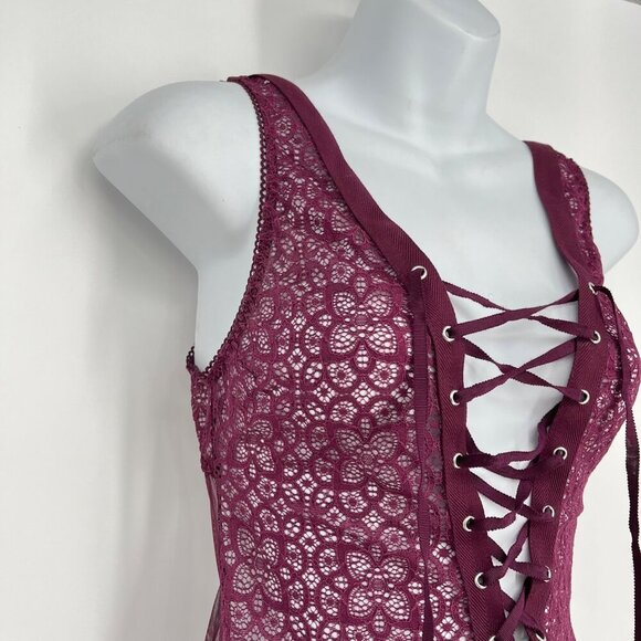 Victorias Secret Lace Burgundy Bodysuit With Lace-Up Front & Scalloped Edges Siz - Picture 3 of 8